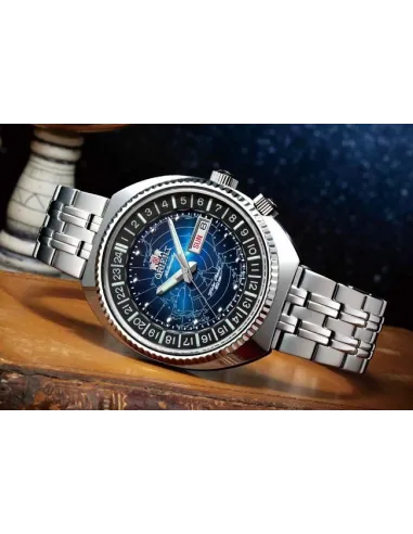 Reloj automático hombre Orient Revival World Map Automatic RA-AA0E03L dial azul 43.5mm correa acero 200m water resist