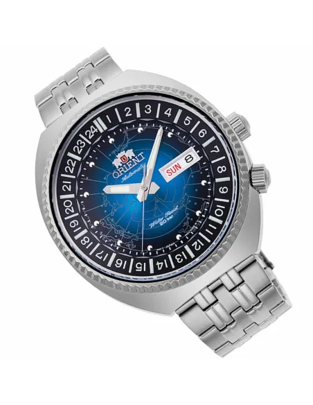 Reloj automático hombre Orient Revival World Map Automatic RA-AA0E03L dial azul 43.5mm correa acero 200m water resist