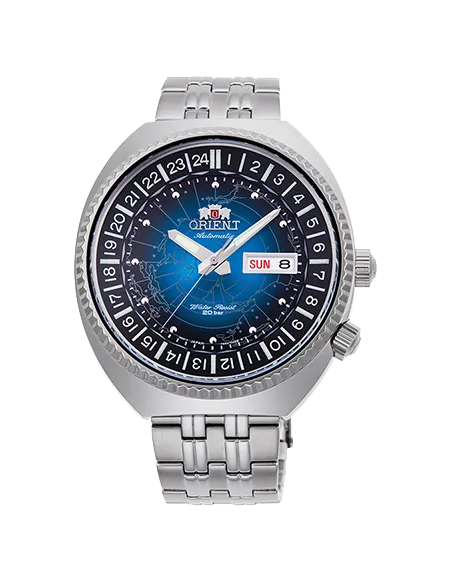 Reloj automático hombre Orient Revival World Map Automatic RA-AA0E03L dial azul 43.5mm correa acero 200m water resist