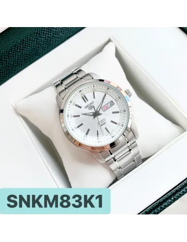 reloj automático hombre Seiko 5 SNKM83K1 dial blanco 43mm correa acero 50m water resist