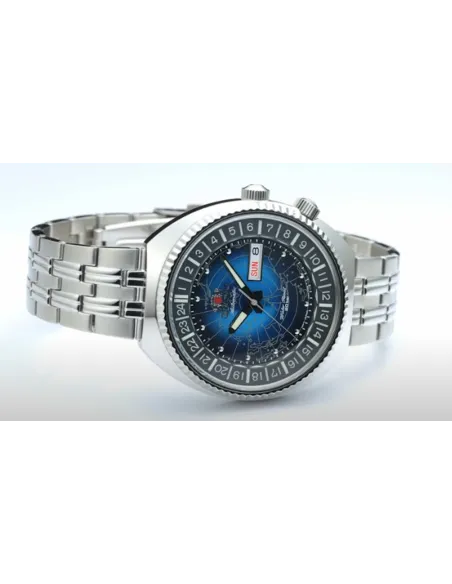 Reloj automático hombre Orient Revival World Map Automatic RA-AA0E03L dial azul 43.5mm correa acero 200m water resist
