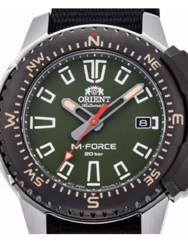 reloj de buceo automático hombre Orient M-Force RA-AC0N03E dial verde 45mm correa nylon 200m water resist Cristal Zafiro
