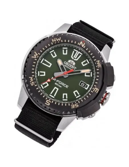 reloj de buceo automático hombre Orient M-Force RA-AC0N03E dial verde 45mm correa nylon 200m water resist Cristal Zafiro