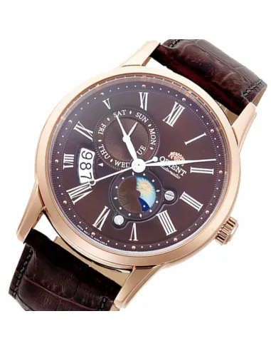 Reloj automático hombre Orient Sun & Moon RA-AK0009T dial Chocolate 42.5mm Cristal Zafiro correa cuero