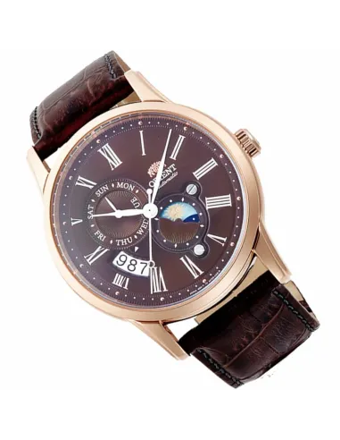 Reloj automático hombre Orient Sun & Moon RA-AK0009T dial Chocolate 42.5mm Cristal Zafiro correa cuero