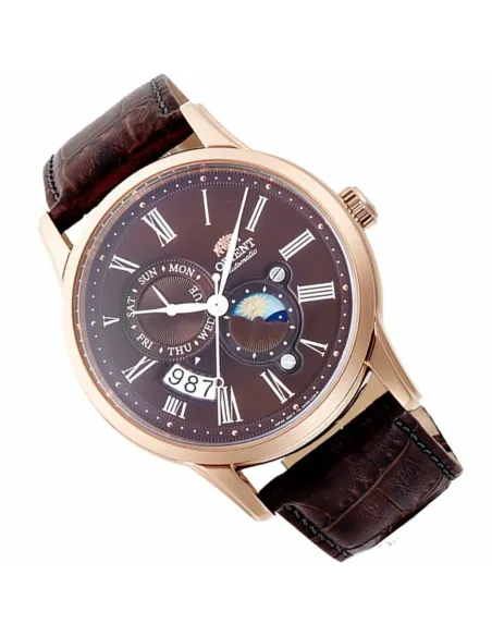 Reloj automático hombre Orient Sun & Moon RA-AK0009T dial Chocolate 42.5mm Cristal Zafiro correa cuero