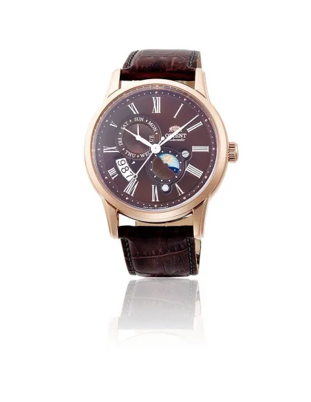 Reloj automático hombre Orient Sun & Moon RA-AK0009T dial Chocolate 42.5mm Cristal Zafiro correa cuero