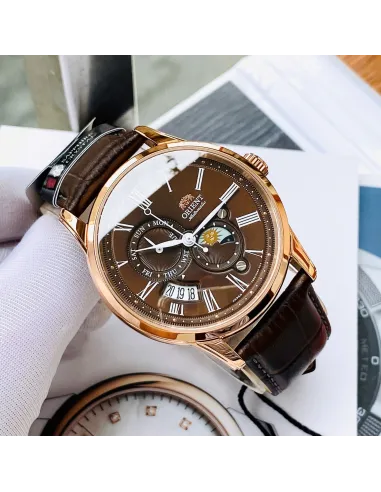Reloj automático hombre Orient Sun & Moon RA-AK0009T dial Chocolate 42.5mm Cristal Zafiro correa cuero