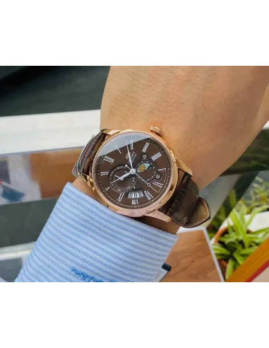 Reloj automático hombre Orient Sun & Moon RA-AK0009T dial Chocolate 42.5mm Cristal Zafiro correa cuero
