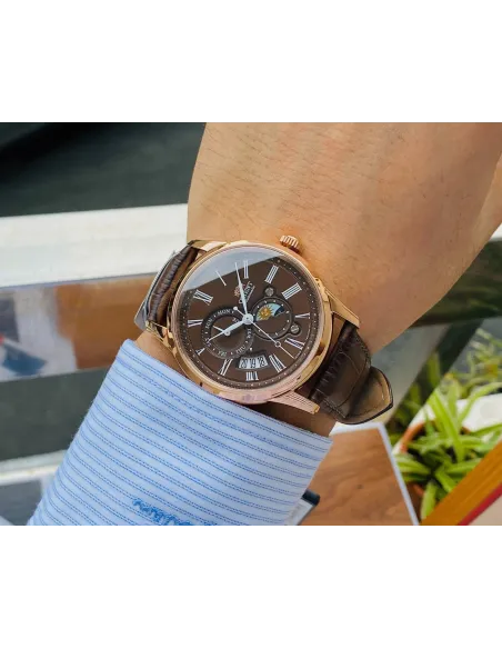 Reloj automático hombre Orient Sun & Moon RA-AK0009T dial Chocolate 42.5mm Cristal Zafiro correa cuero