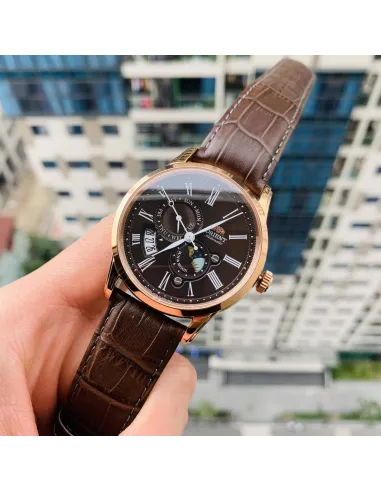 Reloj automático hombre Orient Sun & Moon RA-AK0009T dial Chocolate 42.5mm Cristal Zafiro correa cuero