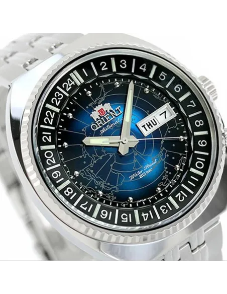 Reloj automático hombre Orient Revival World Map Automatic RA-AA0E03L dial azul 43.5mm correa acero 200m water resist