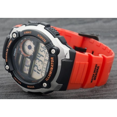 Reloj Casio World Time AE-2100W-4A 5 ALARMAS HOMBRE hora mundial naranja 10 años batería 200m water resist