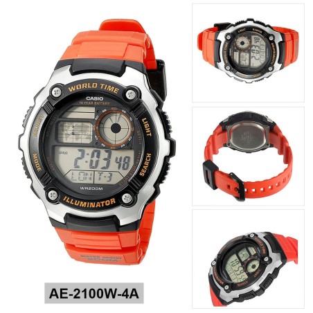 Reloj Casio World Time AE-2100W-4A 5 ALARMAS HOMBRE hora mundial naranja 10 años batería 200m water resist