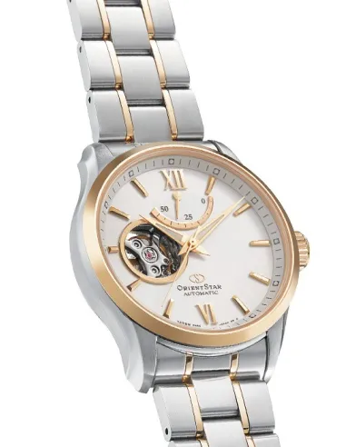reloj automático hombre Orient Star RE-AT0004S dial blanco 39.3mm bisel dorado correa acero 2 tonos