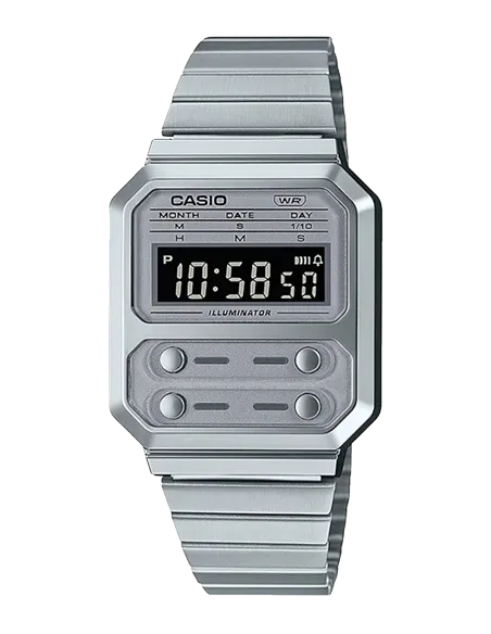 reloj retro unisex Casio Future A100WE-1A Pantalla Luz Led de fondo Alarma Cronómetro Resistente al agua correa de acero