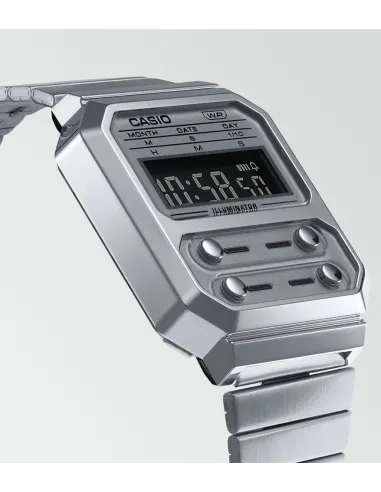 reloj retro unisex Casio Future A100WE-1A Pantalla Luz Led de fondo Alarma Cronómetro Resistente al agua correa de acero