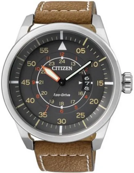 Reloj Aviador hombre Citizen Ecodrive AW1361-10H 45mm dial gris oscuro correa de cuero 100m WR