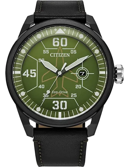 Reloj Aviador hombre Citizen Ecodrive Avion AW1735-03X   45mm dial verde correa de cuero 100m