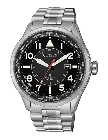 Reloj aviador hombre Citizen Promaster Nighthawk BX1010-53E Ecodrive 44mm dial negro correa de acero 200m WR