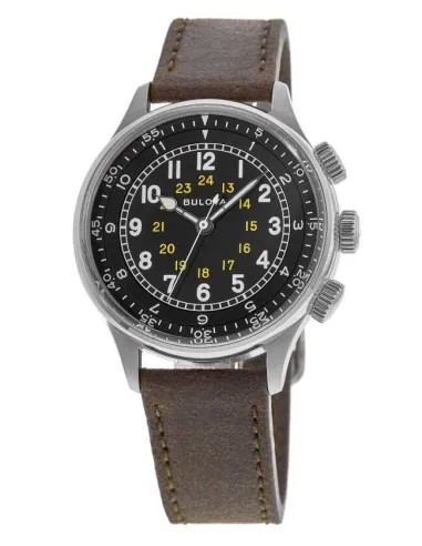 Reloj de Aviador hombre automático Bulova Pilot A-15 96A245 42mm dial negro Cristal de zafiro 30m WR correa de cuero