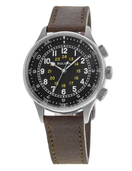 Reloj de Aviador hombre automático Bulova Pilot A-15 96A245 42mm dial negro Cristal de zafiro 30m WR correa de cuero