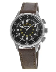 Reloj de Aviador hombre automático Bulova Pilot A-15 96A245 42mm dial negro Cristal de zafiro 30m WR correa de cuero 2
