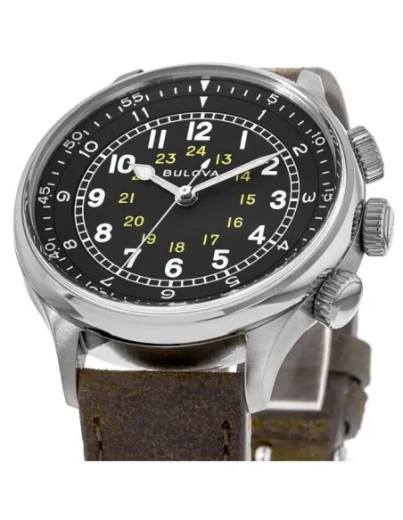 Reloj de Aviador hombre automático Bulova Pilot A-15 96A245 42mm dial negro Cristal de zafiro 30m WR correa de cuero