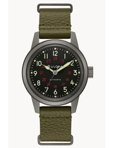 Reloj automático hombre Bulova Hack Military 98A255 38mm dial negro correa de tela 30m WR