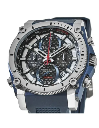 reloj hombre Bulova Precisionist 98B315 44.5 dial negro 300M WR correa de silicona Corona a rosca Cronógrafo