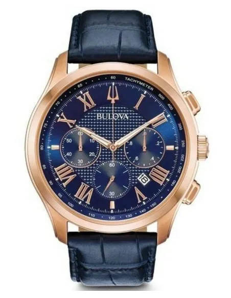 reloj deportivo hombre Bulova Wilton 97B170 45.5mm dial azul Cronógrafo  30m WR correa de cuero