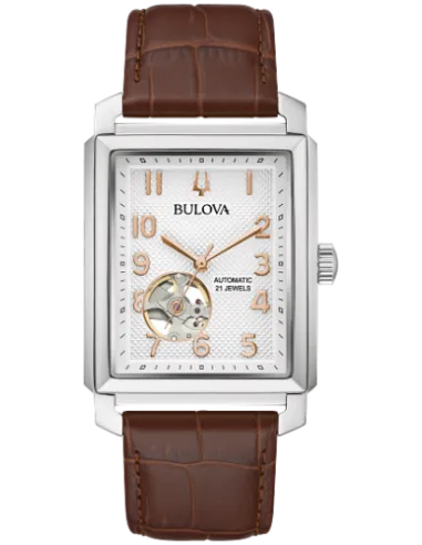 reloj automático hombre Bulova Sutton 96A268 33x49mm blanco correa de cuero 30m WR