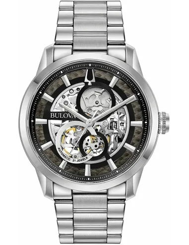 reloj automático hombre Bulova Sutton Skeleton 96A208 43mm negro correa de acero 30m WR