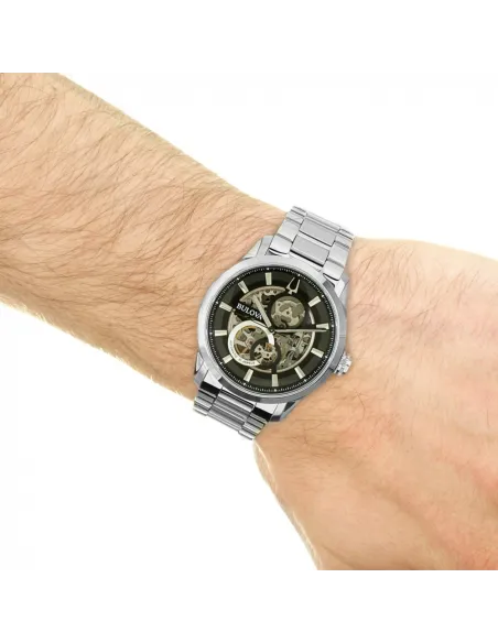reloj automático hombre Bulova Sutton Skeleton 96A208 43mm negro correa de acero 30m WR