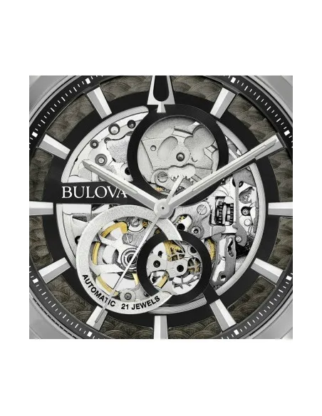 reloj automático hombre Bulova Sutton Skeleton 96A208 43mm negro correa de acero 30m WR