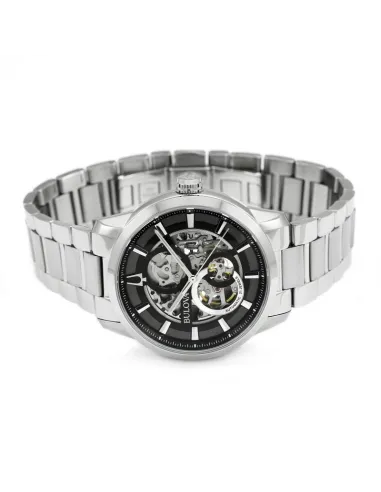 reloj automático hombre Bulova Sutton Skeleton 96A208 43mm negro correa de acero 30m WR