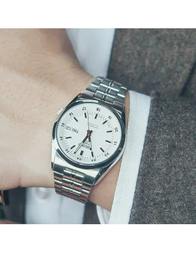 reloj hombre unisex SEIKO 5 SNK559J1 MADE IN JAPAN 36mm dial blanco correa de acero 30m WR