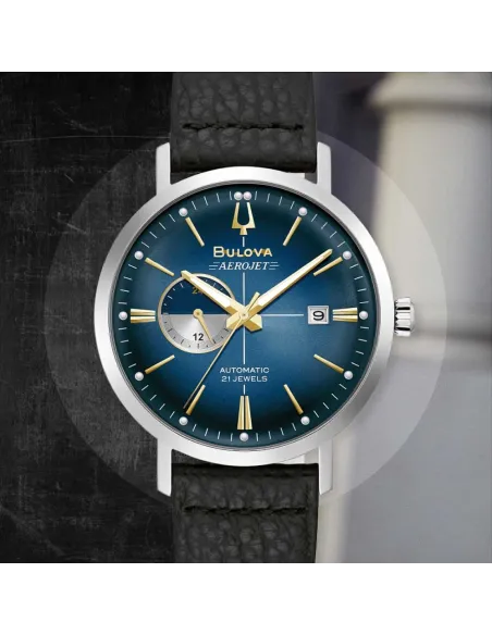 Reloj automático hombre Bulova Aerojet 96B374 41mm dial azul correa de cuero 30m WR
