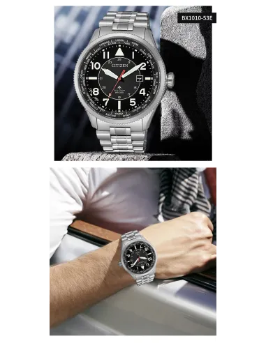 Reloj aviador hombre Citizen Promaster Nighthawk BX1010-53E Ecodrive 44mm dial negro correa de acero 200m WR