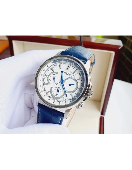 Citizen Calendrier BU2020-02A Eco Drive World Time 44mm White Dial Power Reserve indicator Leather Band 100m WR Men's Watch