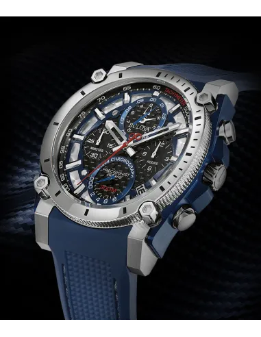 reloj hombre Bulova Precisionist 98B315 44.5 dial negro 300M WR correa de silicona Corona a rosca Cronógrafo
