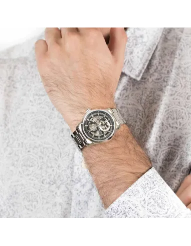 reloj automático hombre Bulova Sutton Skeleton 96A208 43mm negro correa de acero 30m WR