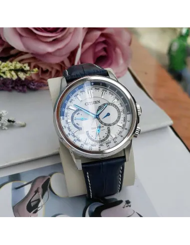 Citizen Calendrier BU2020-02A Eco Drive World Time 44mm White Dial Power Reserve indicator Leather Band 100m WR Men's Watch