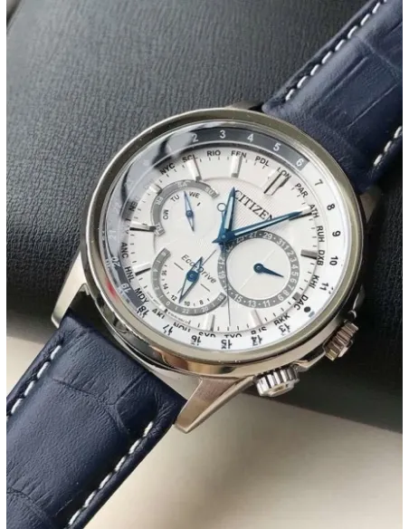 Citizen Calendrier BU2020-02A Eco Drive World Time 44mm White Dial Power Reserve indicator Leather Band 100m WR Men's Watch