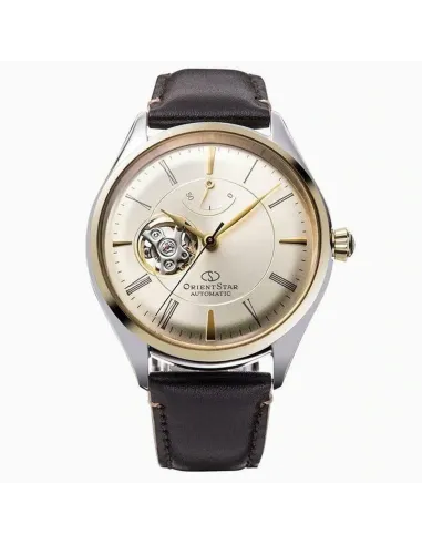 reloj automático hombre Orient Star RE-AT0201G Semi Skeleton dial champagne 40.4mm correa de cuero 50h Reserva de Marcha