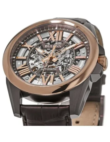 reloj automático hombre Bulova Sutton Skeleton 98A165 43mm Oro Rosa 100m WR correa de cuero