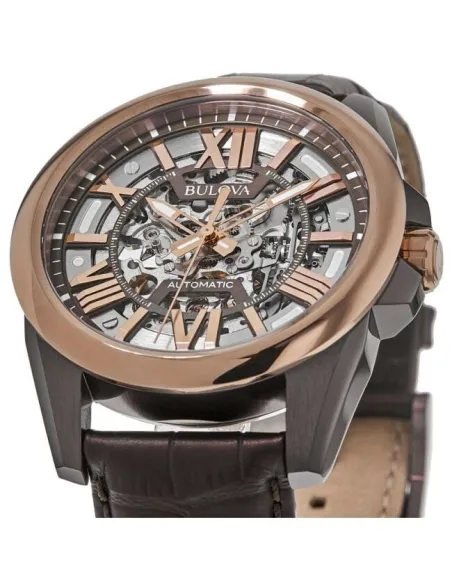 reloj automático hombre Bulova Sutton Skeleton 98A165 43mm Oro Rosa 100m WR correa de cuero