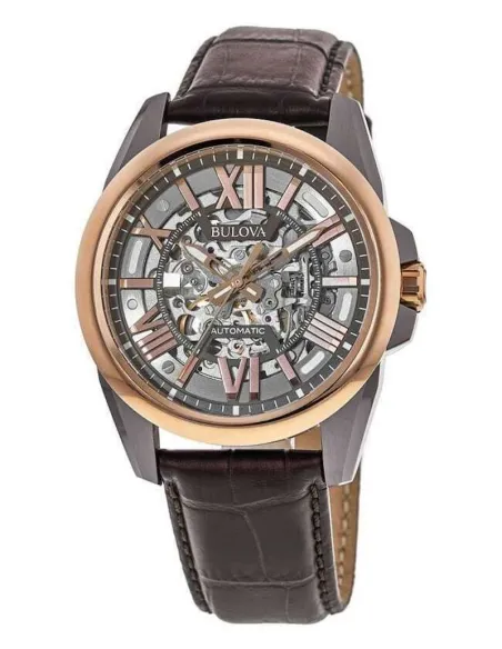 reloj automático hombre Bulova Sutton Skeleton 98A165 43mm Oro Rosa 100m WR correa de cuero