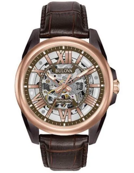 reloj automático hombre Bulova Sutton Skeleton 98A165 43mm Oro Rosa 100m WR correa de cuero