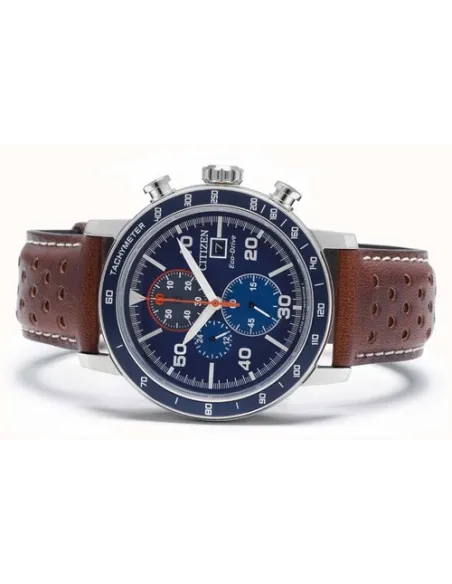 Reloj hombre Citizen Ecodrive Brycen CA0648-09L 44mm dial azul correa de cuero Taquímetro 100m